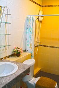 素可泰素可泰蓝屋酒店的带淋浴、卫生间和盥洗盆的浴室