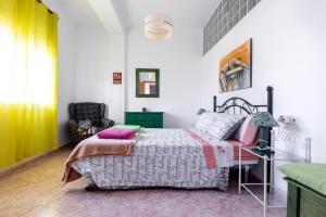 Fuente VaquerosCasa de Mar y Kanela 17 km Granada的一间卧室配有一张粉红色和绿色调的床。