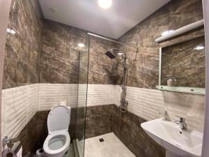 博尔若米nikani1的浴室配有卫生间、盥洗盆和淋浴。