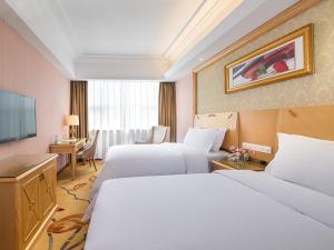 广州维也纳3好酒店广州会展中心赤岗店的酒店客房设有两张床和电视。