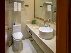 上海维也纳酒店上海杨浦五角场店的一间带水槽、卫生间和镜子的浴室