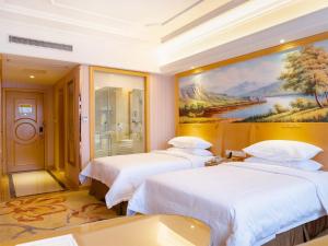 Nianbalian维也纳国际酒店上海滴水湖海洋公园店的墙上画画的房间里设有两张床
