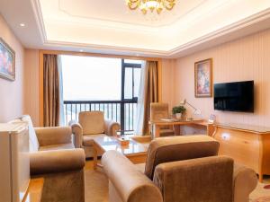 Nianbalian维也纳国际酒店上海滴水湖海洋公园店的客厅配有沙发、椅子和电视