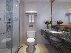 西乡维也纳酒店深圳宝安流塘店的浴室配有卫生间、盥洗盆和淋浴。