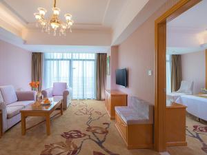惠州维也纳酒店广东惠州淡水白云路店的酒店客房带起居室,带一张床和一张沙发。