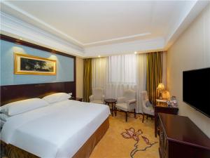 上海维也纳酒店上海浦东金桥公园店的酒店客房设有一张大床和一台电视。