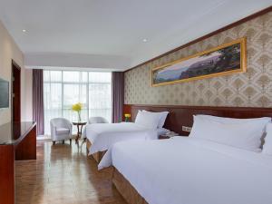 广州维也纳酒店番禺市桥地铁站店的酒店客房设有两张床和电视。