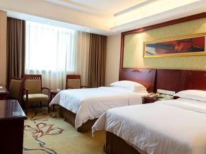 佛山维也纳酒店佛山季华路店的酒店客房设有两张床和窗户。