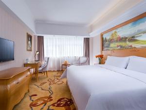 深圳维也纳酒店深圳罗湖口岸店的酒店客房设有一张大床和一张书桌。