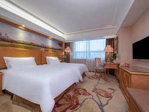 北京维也纳国际店北京广安门店的酒店客房设有一张大床和一台电视。