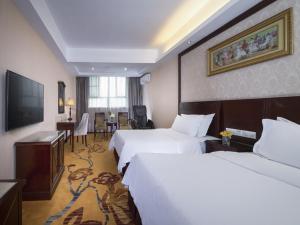 宝安维也纳酒店深圳沙井中心路店的酒店客房设有两张床和电视。