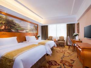 常德维也纳酒店湖南常德武陵大道店的酒店客房设有两张床和一台平面电视。