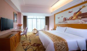 Yuanzhou维也纳酒店广东惠州园洲店的一间酒店客房,配有一张大床和一台平面电视