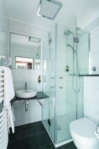 卡塞尔赫库莱斯酒店的一间带玻璃淋浴和水槽的浴室