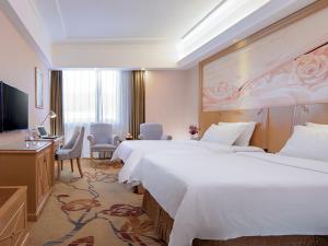 广州维也纳酒店广州番禺华南碧桂园店的酒店客房设有两张床和电视。