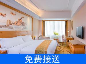 广州维也纳酒店广州番禺南站店的酒店客房设有一张大床和一台电视。