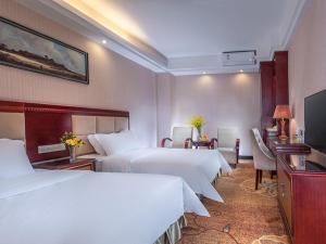龙岗维也纳酒店深圳龙岗南联店的酒店客房设有两张床和电视。