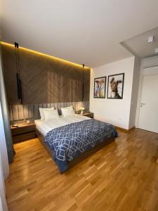 贝尔格莱德DOM Boutique Apartments - Park View的一间卧室设有一张大床,铺有木地板