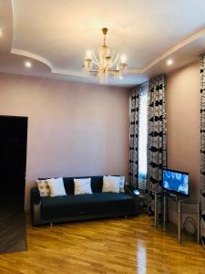 利沃夫Iren Lviv apartment的客厅配有黑色沙发和吊灯。