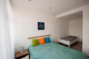 利普托斯基米库拉斯MAYTEX - ubytovanie v 46m2 apartmáne s balkónom的一间卧室配有带色彩缤纷枕头的床