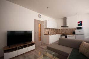 利普托斯基米库拉斯MAYTEX - ubytovanie v 46m2 apartmáne s balkónom的带沙发和大电视的客厅