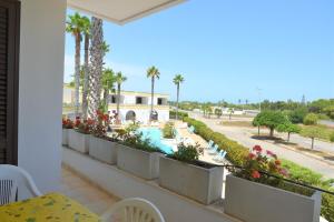 托里德欧索Residence Club Costa D'Oriente的享有游泳池和棕榈树景致的阳台