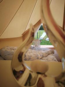 拉多夫吉卡White Tent Mountain View in camp Garden Park的镜子中的一张桌子