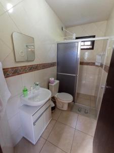 因比图巴Pousada Biso Finoca Ibiraquera的一间带水槽、卫生间和淋浴的浴室
