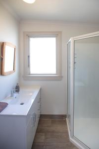 特威泽尔The Cabin, Omahau Downs的带淋浴和盥洗盆的白色浴室