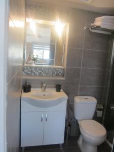 拉纳卡海滨211公寓式酒店的一间带水槽、卫生间和镜子的浴室