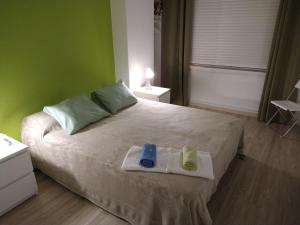 拉科鲁尼亚PENSION132的一间卧室配有一张床,上面有两条毛巾