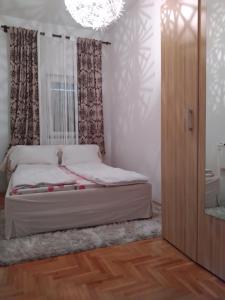 巴尼亚卢卡Apartman Centar的一间卧室设有一张床、一个窗户和一个吊灯。