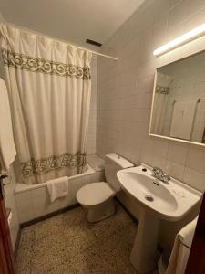 塞特卡萨斯Hostal Ter的一间带水槽、卫生间和淋浴的浴室