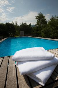 格施塔德Hotel Le Grand Chalet的游泳池旁桌子上堆着的毛巾