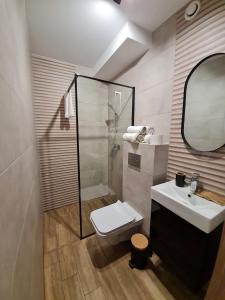 瓦多维采Apartament Łąki18的一间带卫生间、水槽和镜子的浴室