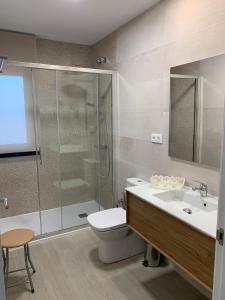 巴伦西亚德亚尔坎塔拉Casa Rural Camino de la Data的带淋浴、卫生间和盥洗盆的浴室