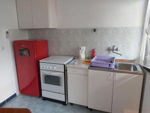波尔Apartman Janja的一个带水槽和红色冰箱的小厨房