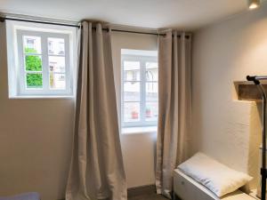 杜德尔多夫Living-in-History: Meister Carl Apartment的客房设有2扇窗户、窗帘和灯