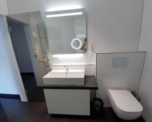 巴特克罗伊茨纳赫Ihr Ticket ins Grüne - Topmoderne 5-Sterne-Ferienwohnung的白色的浴室设有水槽和卫生间。