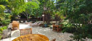 比拉Bara Beach Bungalows的庭院设有木椅、桌子和树木