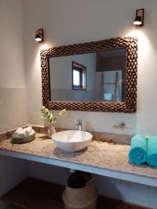 拉迪格岛Maison Ed-Elle的浴室设有水槽和镜子,位于柜台上