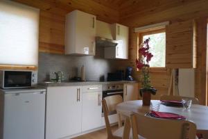 WahlbachChalet au Natur'Heil Nature-Spa-Gourmandise的厨房配有白色橱柜、桌子和窗户。