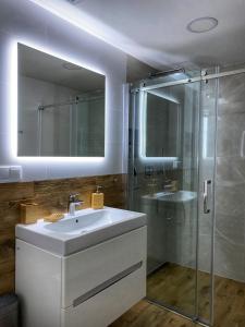 迪马诺卡多林纳Apartments Severka - Jasná的浴室配有白色水槽和淋浴。