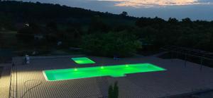 Kryve OzeroHotel Kryve Ozero的天井上带灯光的绿色游泳池