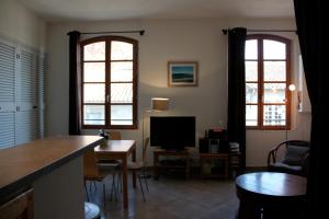 阿维尼翁德阿维尼翁露台酒店的客厅设有2扇窗户和电视