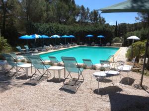勒博塞西嘉列酒店的一个带椅子和蓝伞的游泳池