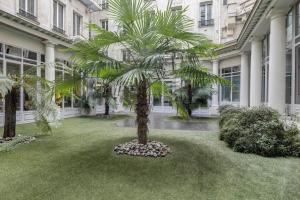 巴黎Bail Mobilité Appartement, Place Vendome, Opera的一座建筑前的院子中的棕榈树