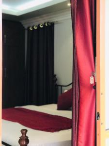 坎帕拉Dina Apartments的一间卧室设有两张床和红色窗帘