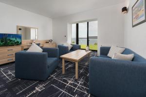 加茨比亚格拉赖斯特拉西亚法尔扎酒店的客厅配有蓝色的椅子、桌子和电视