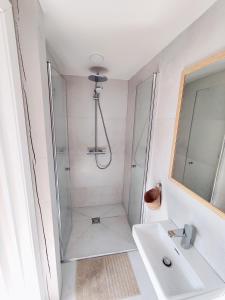 普雷拉BoHouse apartment No1的带淋浴和盥洗盆的白色浴室